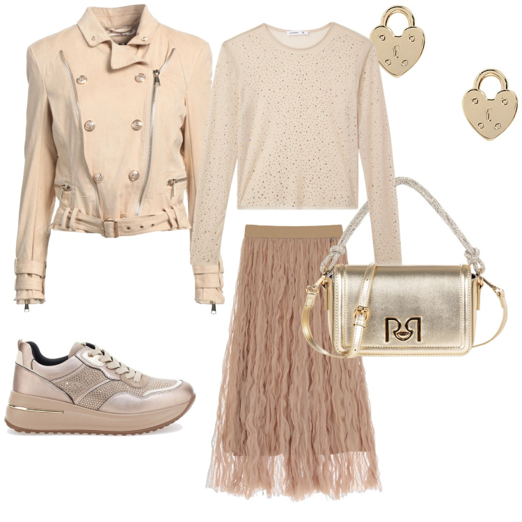 Outfit donna - Total look #2057777. Stile Romantica per Serata fuori. Abbinamento con blazer, maglieria, borse a mano, gonne lunghe, orecchini, sneakers.