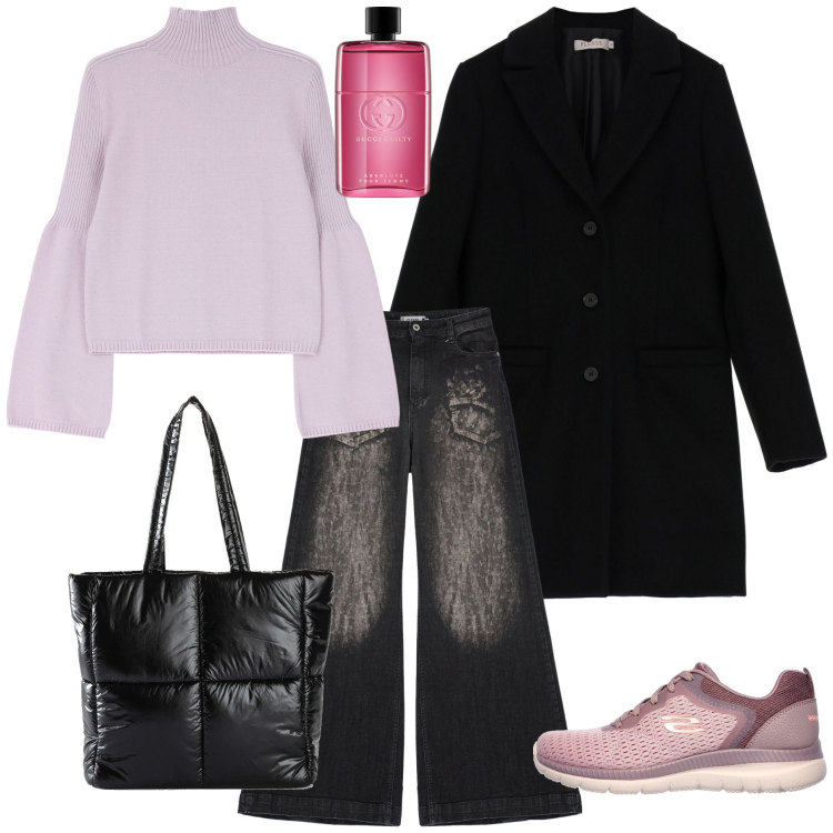 Outfit donna - Trendy ogni giorno. Stile Trendy per Tutti i giorni. Abbinamento con shopping bag, profumi, cappotti, jeans a zampa, maglieria, sneakers.