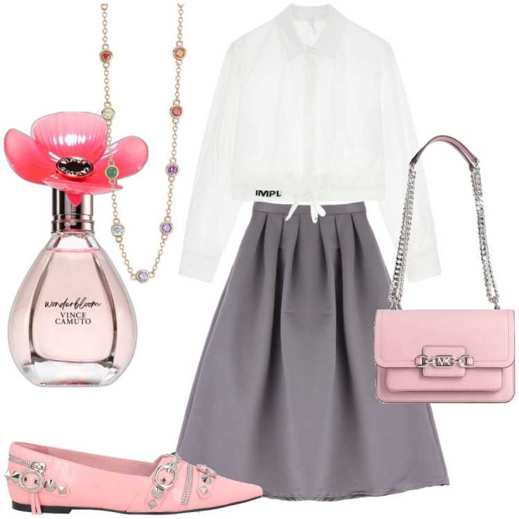 Outfit donna - Grease style. Stile Preppy per Serata fuori. Abbinamento con ballerine, borse a spalla, profumi, collane, camicie, gonne lunghe.