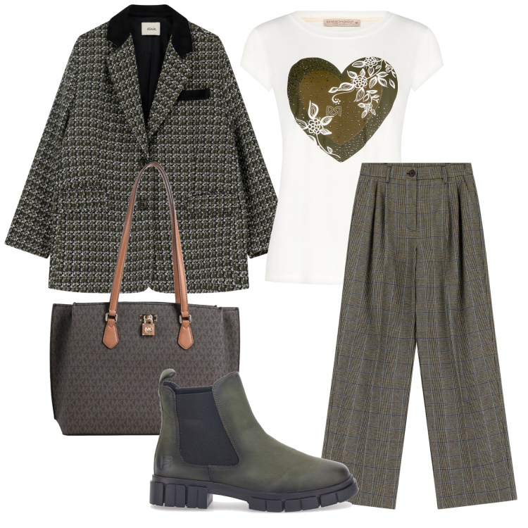 Outfit donna - Heart. Stile Vintage retrò per Ufficio. Abbinamento con borse a spalla, blazer, t-shirt, pantaloni, stivaletti chelsea.