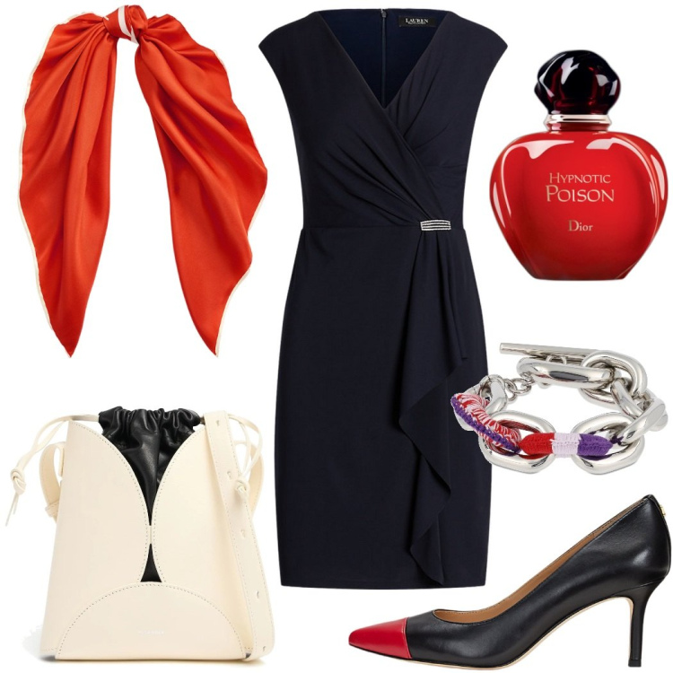 Outfit donna - Quel tocco di rosso che da carattere. Stile Chic per Cerimonia. Abbinamento con profumi, vestiti, décolleté, foulard, braccialetti, borse a tracolla.