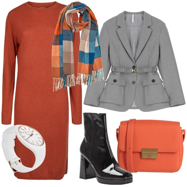 Outfit donna - Pranzo di lavoro. Stile Urban per Ufficio. Abbinamento con borse a tracolla, stivaletti, blazer, orologi, vestiti, sciarpe.