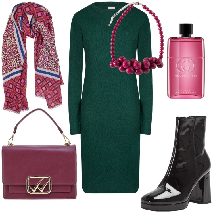 Outfit donna - Contrasto di colori. Stile Urban per Serata fuori. Abbinamento con profumi, stivaletti, vestiti midi/longuette, borse a tracolla, foulard, collane.