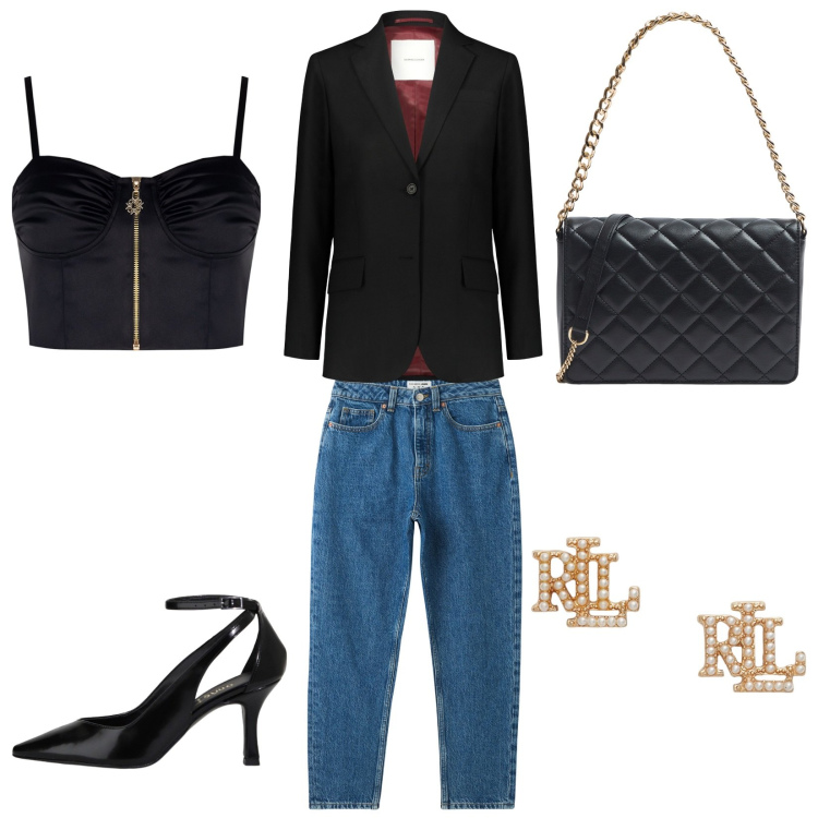 Outfit donna - Aperitivo con stile. Abbinamento con jeans mom, borse a tracolla, top, décolleté, orecchini, blazer.
