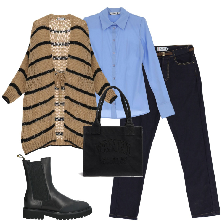 Outfit donna - City. Stile Urban per Tutti i giorni. Abbinamento con stivaletti chelsea, camicie, jeans, cardigans, shopping bag.