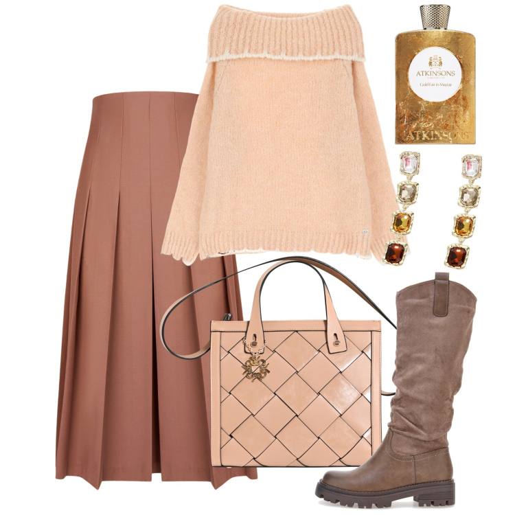 Outfit donna - Ambrette. Stile Bon Ton per Tutti i giorni. Abbinamento con profumi, borse a mano, maglieria, orecchini, stivali, gonne longuette.