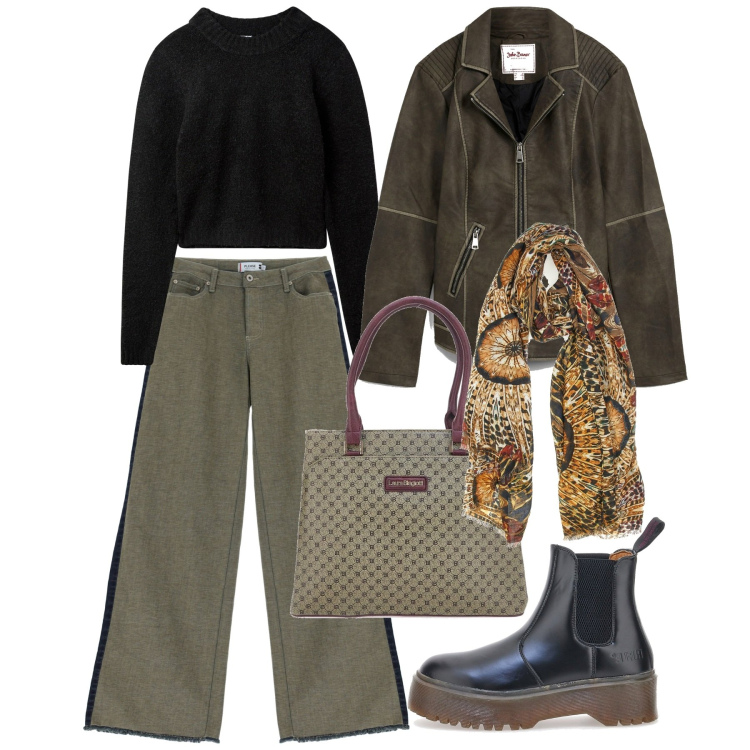 Outfit donna - Febbraio. Stile Casual per Tutti i giorni. Abbinamento con blazer, maglieria, jeans a zampa, stivaletti chelsea, borse a spalla, foulard.