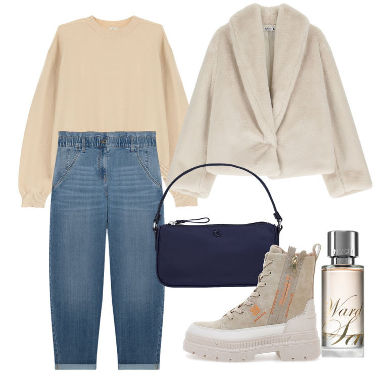 Outfit donna - Panna montata. Stile Casual per Tutti i giorni. Abbinamento con profumi, ecopellicce, maglieria, pochette, anfibi, jeans.
