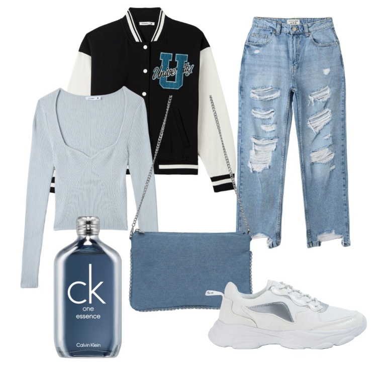 Outfit donna - Saldissimi di febbraio. Stile Casual per Tutti i giorni. Abbinamento con profumi, maglieria, sneakers, jeans dritti, borse a tracolla, bomber.