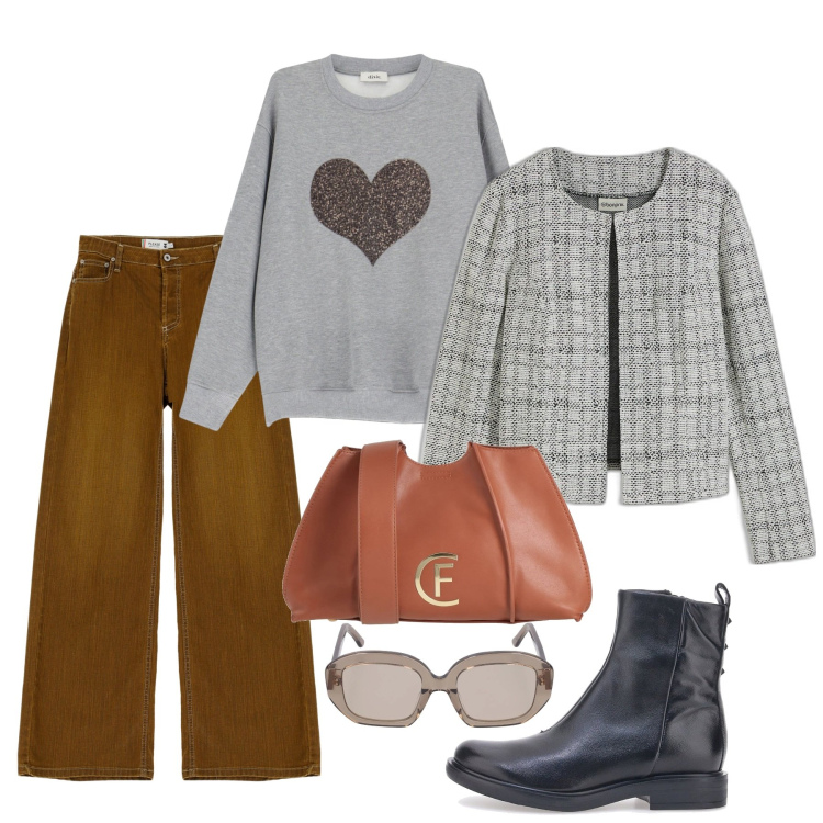 Outfit donna - Febbraio. Stile Casual per Tutti i giorni. Abbinamento con cardigans, borse a tracolla, pantaloni, felpe, stivaletti, occhiali da sole.