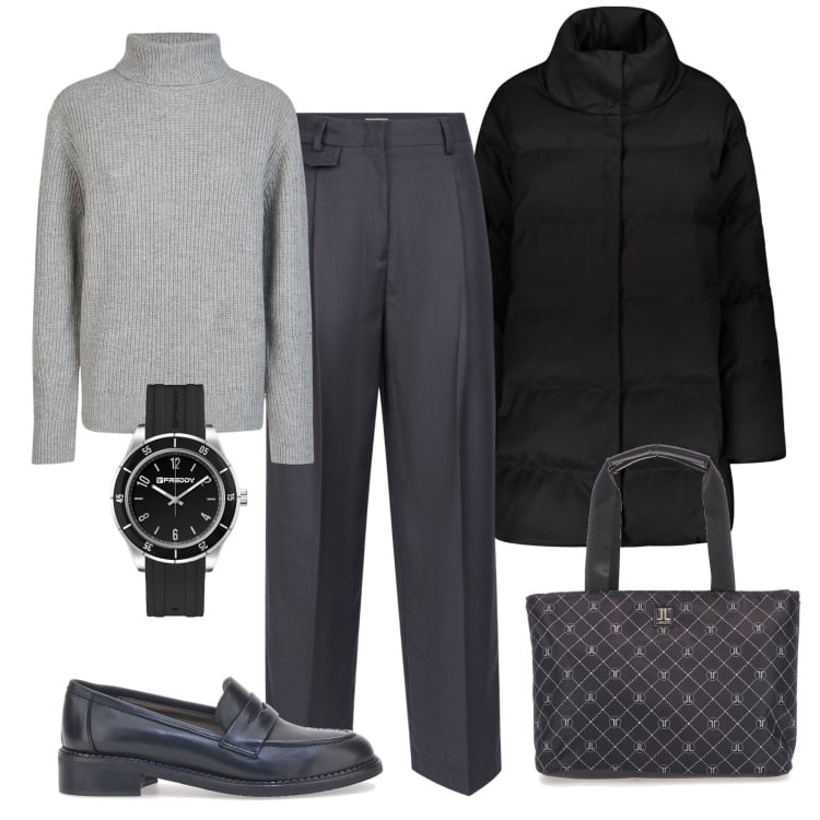 Outfit donna - Mannish classico Doppelganger. Stile Mannish per Ufficio. Abbinamento con orologi, cappotti, mocassini, maglieria, pantaloni, borse a spalla.