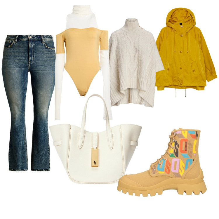 Outfit donna - Total look #2057848. Stile Casual per Scuola/Università. Abbinamento con anfibi, body, borse tote, jeans bootcut, cappotti, blazer.