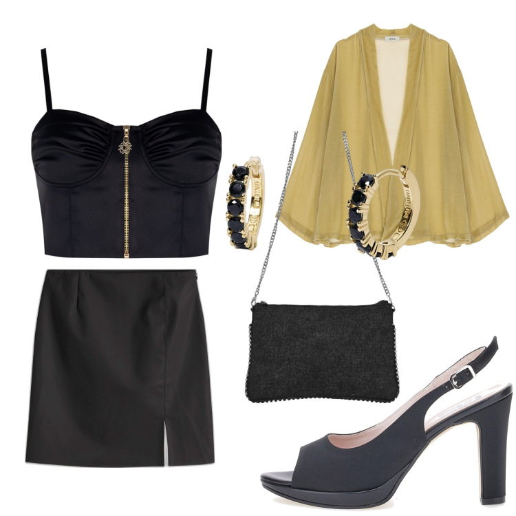 Outfit donna - Discoteca. Stile Sexy per Serata fuori. Abbinamento con minigonne, borse a tracolla, orecchini, top, blazer, décolleté.