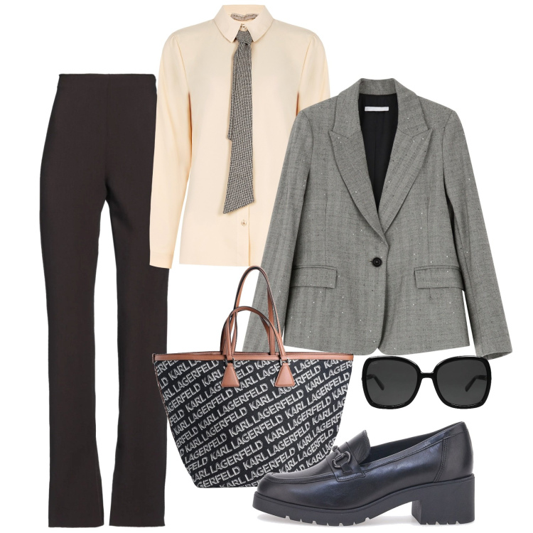 Outfit donna - Mannish mood. Stile Mannish per Tutti i giorni. Abbinamento con pantaloni, borse a mano, occhiali da sole, bluse, blazer, mocassini.