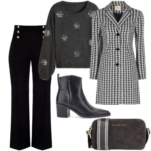 Outfit donna - Il cappotto a scacchi. Stile Casual chic per Tutti i giorni. Abbinamento con maglieria, borse a tracolla, cappotti, pantaloni, stivaletti.
