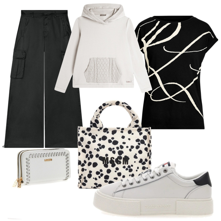 Outfit donna - Total look #2057863. Stile Casual per Scuola/Università. Abbinamento con felpe con cappuccio, pantaloni cargo, maglieria, sneakers, shopping bag, portafogli.