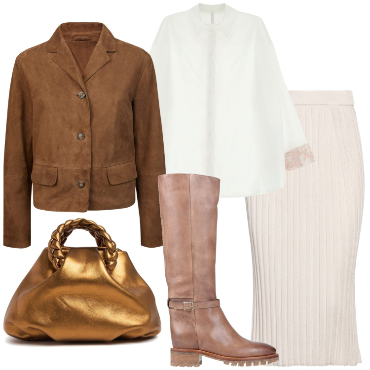 Outfit donna - Bianco e cuoio. Stile Chic per Tutti i giorni. Abbinamento con gonne longuette, stivali, camicie, blazer, borse a mano.