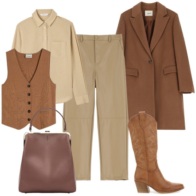 Outfit donna - Le sfumature della terra. Stile Casual chic per Tutti i giorni. Abbinamento con maglieria, camicie, pantaloni, cappotti, borse a spalla, stivaletti texani.