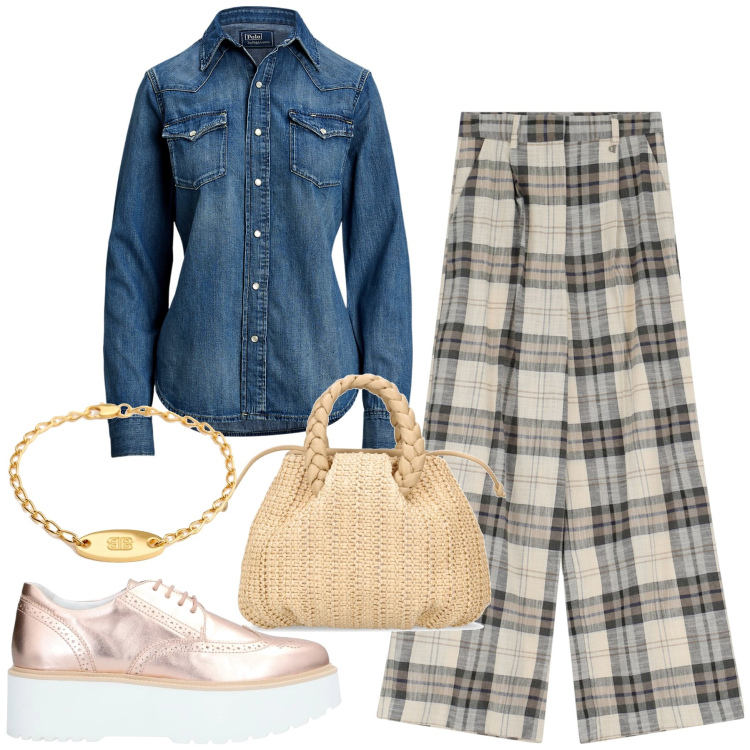 Outfit donna - Pantalone check. Stile Chic per Tutti i giorni. Abbinamento con scarpe stringate, camicie, pantaloni, borse a mano, braccialetti.