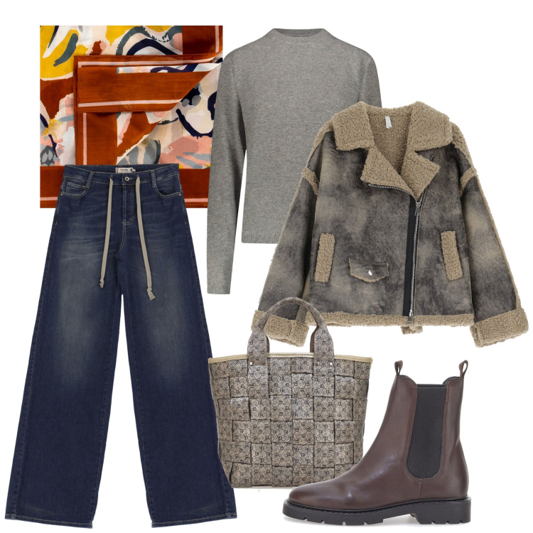 Outfit donna - Febbraio in jeans. Stile Casual per Tutti i giorni. Abbinamento con jeans, foulard, blazer, stivaletti chelsea, pullovers, borse a mano.