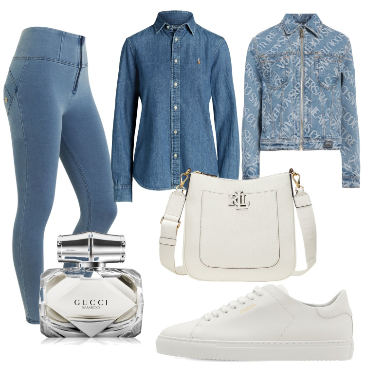 Outfit donna - Total look #2057894. Stile Casual per Scuola/Università. Abbinamento con jeans, profumi, jeggings, camicie, borse a tracolla, sneakers.