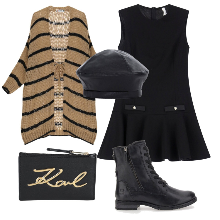 Outfit donna - Parigina. Stile Bon Ton per Tutti i giorni. Abbinamento con portafogli, cardigans, vestiti corti, cappelli e berretti, anfibi.