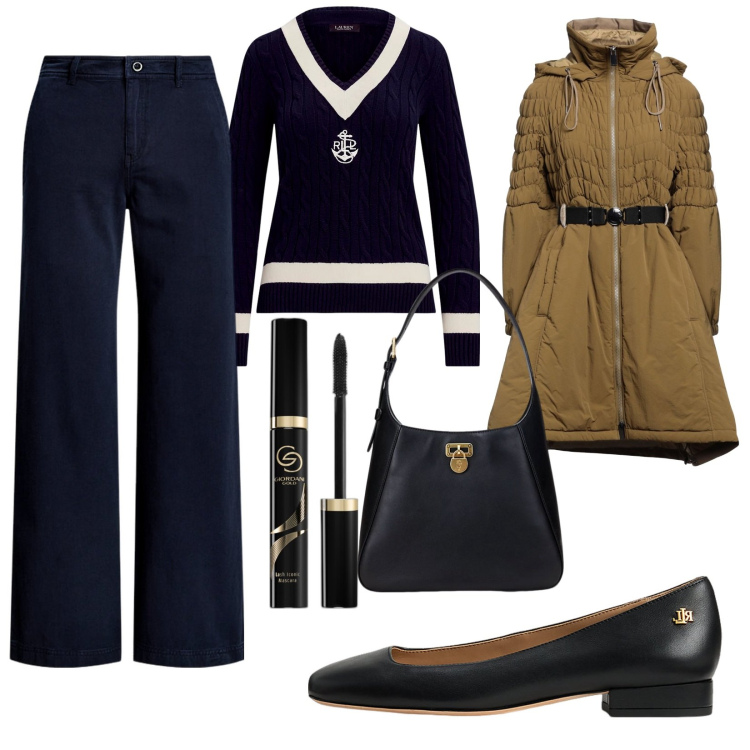 Outfit donna - Total look #2057903. Stile Casual chic per Ufficio. Abbinamento con cappotti, mascara, borse a spalla, pantaloni, ballerine, maglieria.
