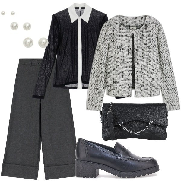 Outfit donna - Total look #2057906. Stile Casual chic per Serata fuori. Abbinamento con cardigans, borse a tracolla, pantaloni, camicie, orecchini, mocassini.