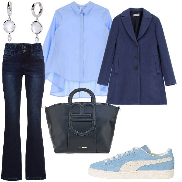 Outfit donna - Sfumature di colore. Stile Casual chic per Tutti i giorni. Abbinamento con jeans bootcut, sneakers, orecchini, cappotti, camicie, borse a tracolla.