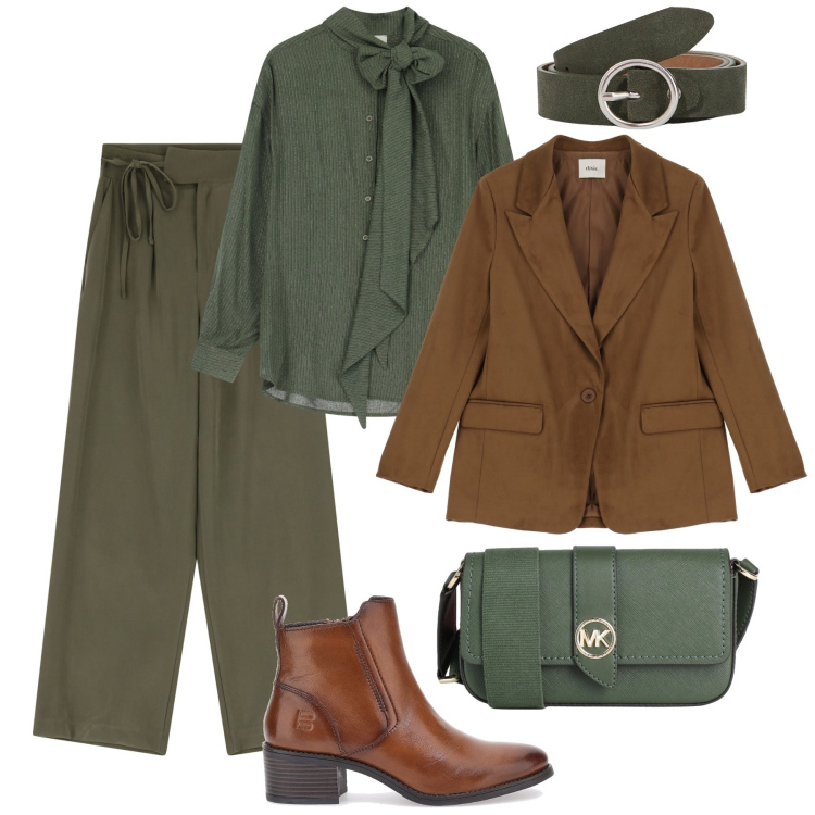 Outfit donna - Dettaglio fiocchi in ufficio. Stile Casual chic per Ufficio. Abbinamento con borse a tracolla, blazer, cinture, camicie, pantaloni, stivaletti.