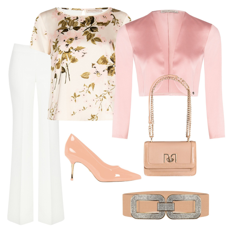 Outfit donna - Voglia di primavera. Stile Casual chic per Tutti i giorni. Abbinamento con bluse, bolero, décolleté, pantaloni a palazzo, cinture, borse a tracolla.