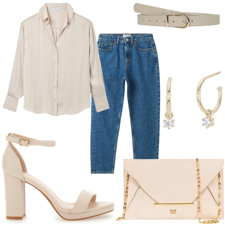 Outfit donna - Una giornata estiva. Stile Trendy per Tutti i giorni. Abbinamento con jeans mom, camicie, cinture, orecchini, pochette, sandali col tacco.