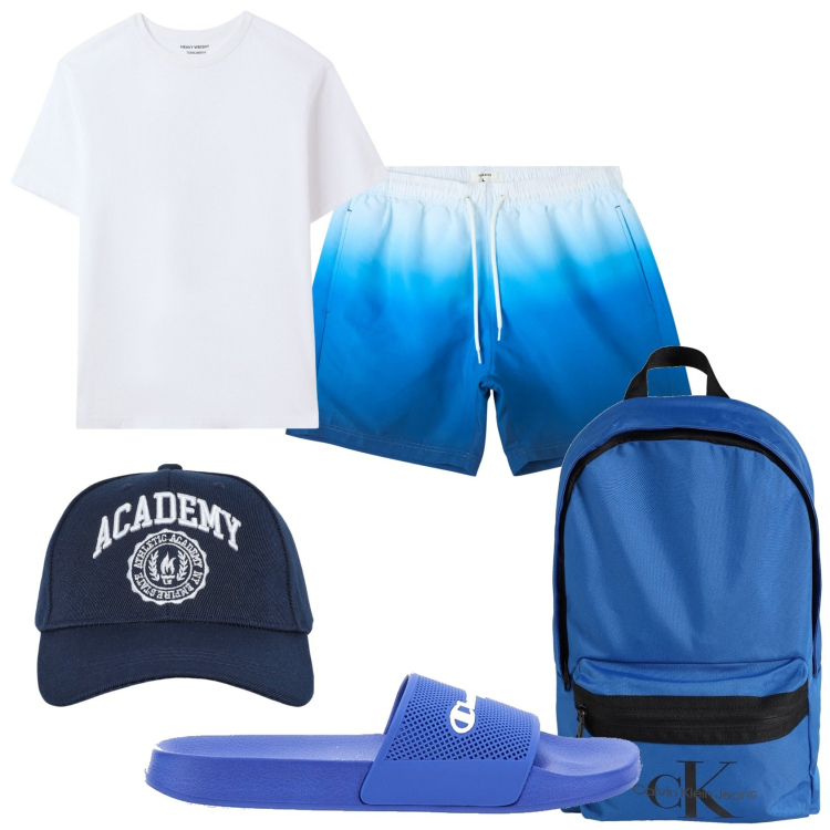 Outfit uomo - Mare blu. Stile Urban per Mare. Abbinamento con borse sportive, costumi, cappelli con visiera, t-shirt, sandali.