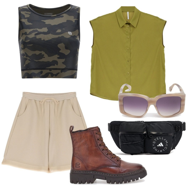 Outfit donna - Vacanza avventura. Stile Casual per Tutti i giorni. Abbinamento con shorts, camicie a manica corta, top sportivi, anfibi, occhiali da sole, marsupi.