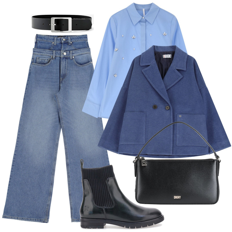 Outfit donna - Jeans a vita doppia & camicia bijoux. Stile Trendy per Tutti i giorni. Abbinamento con cinture, borse a mano, blazer, camicie, jeans, stivaletti.