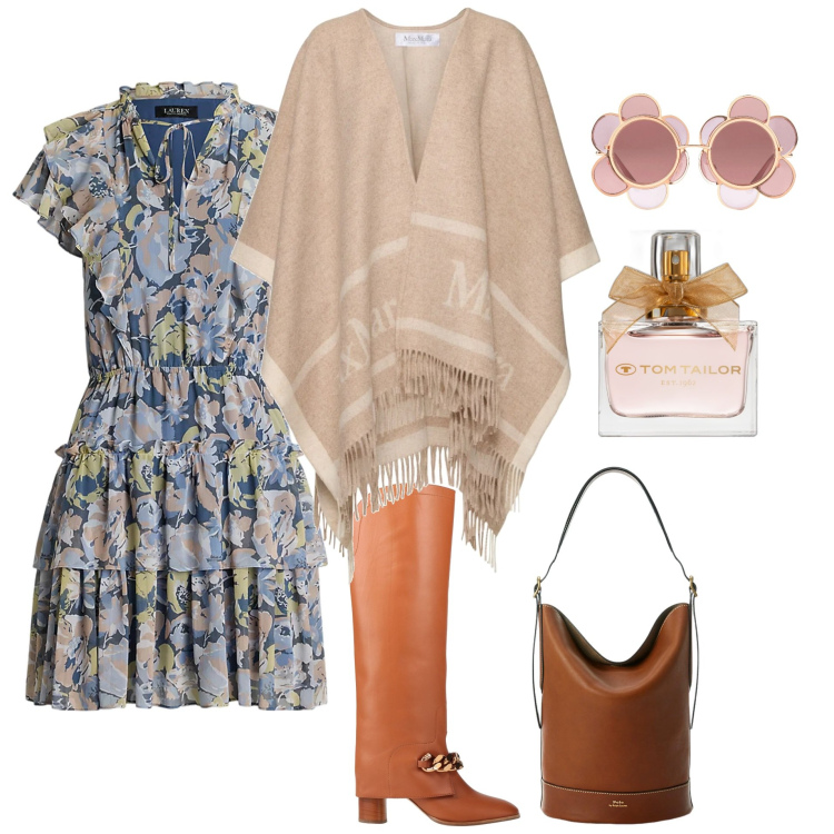 Outfit donna - A pranzo in campagna. Stile Bon Ton per Tutti i giorni. Abbinamento con occhiali da sole, stivali, profumi, borse a secchiello, vestiti, cappotti.