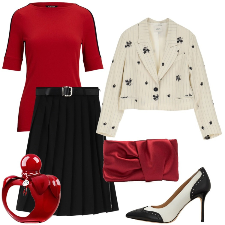 Outfit donna - Chic in rosso, bianco e nero. Stile Chic per Serata fuori. Abbinamento con profumi, blazer, gonne longuette, t-shirt, décolleté, pochette.
