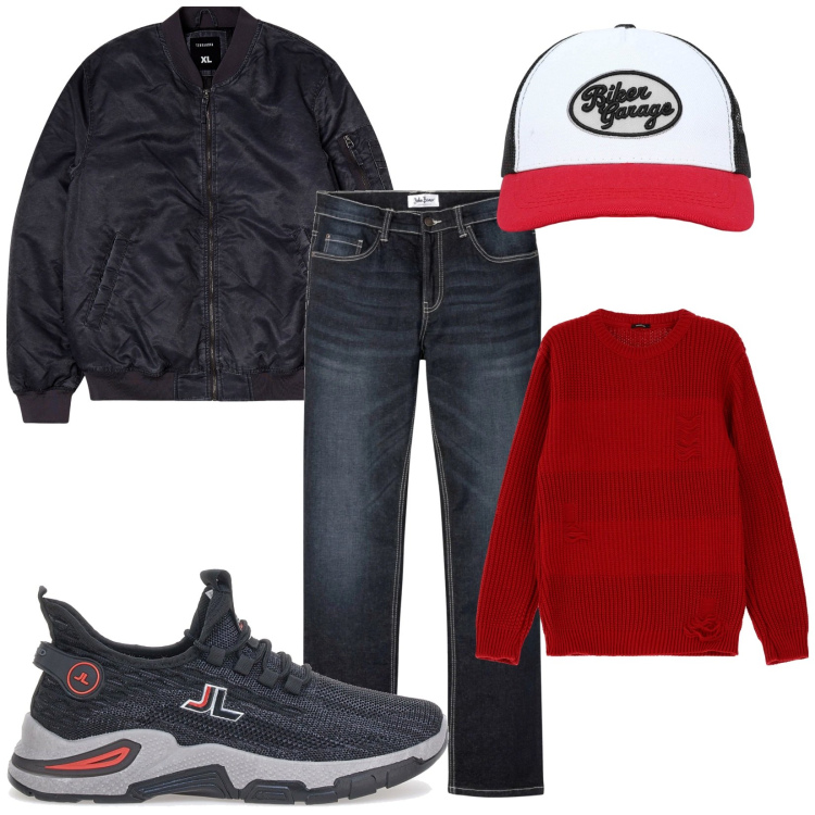 Outfit uomo - Il vicino di casa. Stile Urban per Tutti i giorni. Abbinamento con jeans bootcut, bomber, cappelli con visiera, maglieria, sneakers.