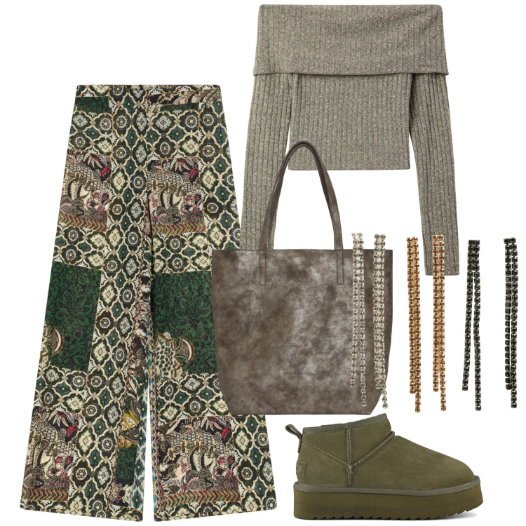 Outfit donna - Verde. Stile Casual chic per Tutti i giorni. Abbinamento con maglieria, orecchini, borse tote, pantaloni a palazzo, stivaletti.