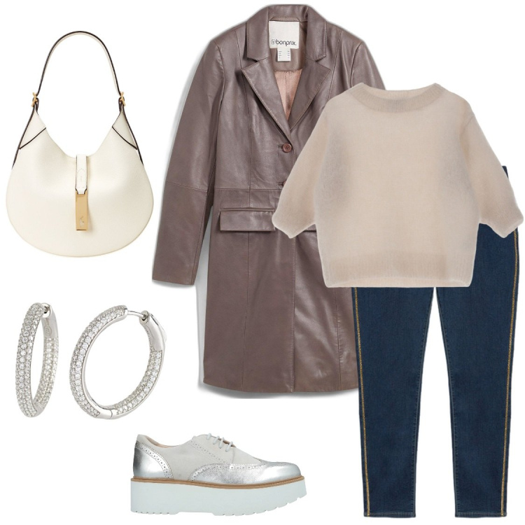 Outfit donna - Vesti di Nocciola. Stile Casual chic per Tutti i giorni. Abbinamento con cappotti, scarpe stringate, orecchini, maglieria, borse a spalla, jeggings.