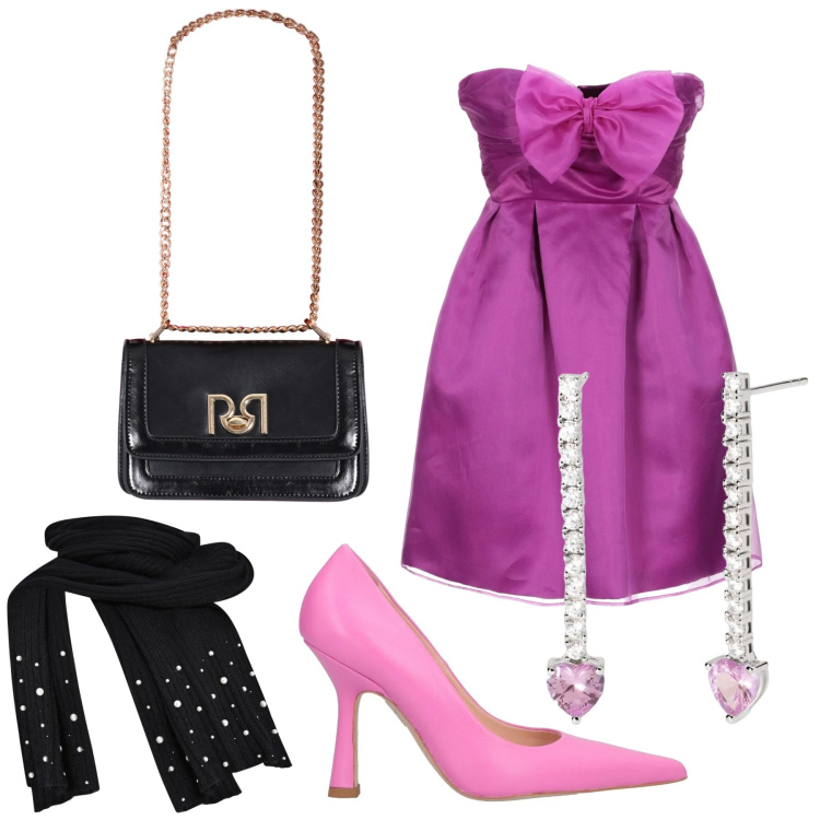 Outfit donna - Con i fiocchi. Stile Trendy per Serata fuori. Abbinamento con décolleté, vestiti corti, orecchini, sciarpe, borse a tracolla.