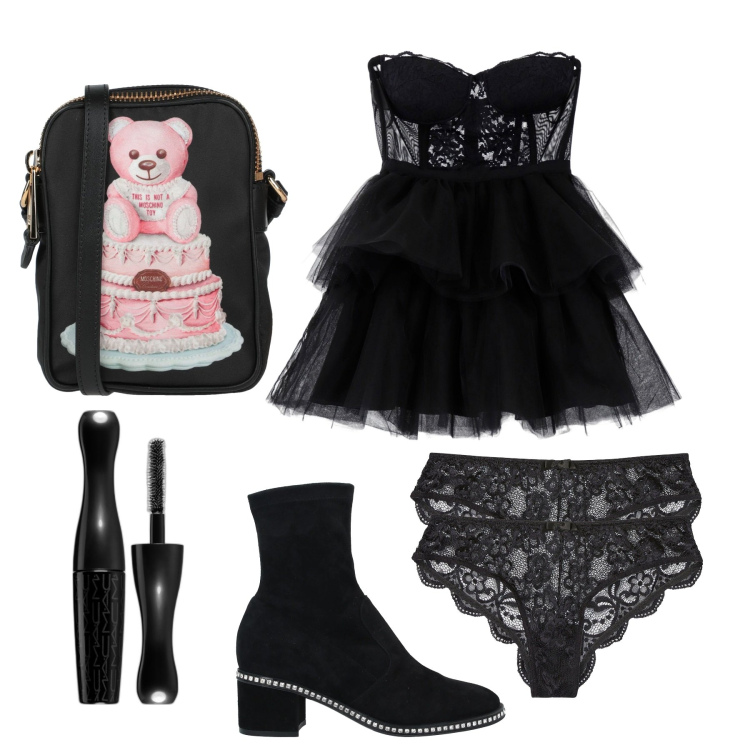 Outfit donna - Party season. Stile Trendy per Serata fuori. Abbinamento con culotte, stivaletti, borse a tracolla, mascara, vestiti corti.