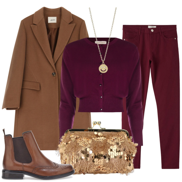 Outfit donna - Fuoco e calore. Stile Chic per Tutti i giorni. Abbinamento con pantaloni, collane, cardigans, cappotti, borse a spalla, stivaletti chelsea.