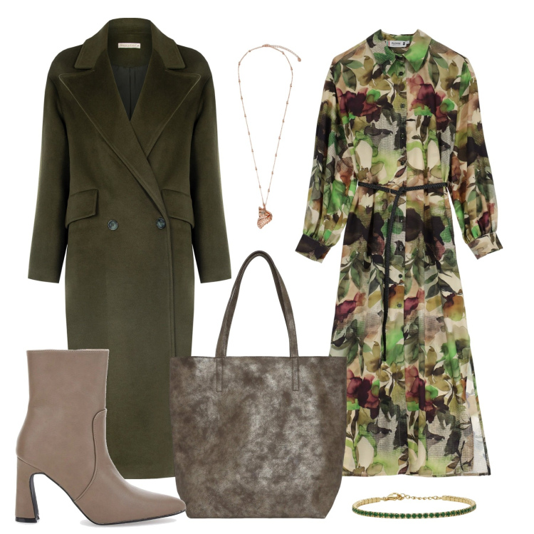 Outfit donna - L\'abito in fantasia. Stile Chic per Tutti i giorni. Abbinamento con vestiti lunghi, braccialetti, cappotti, borse tote, stivaletti, ciondoli.