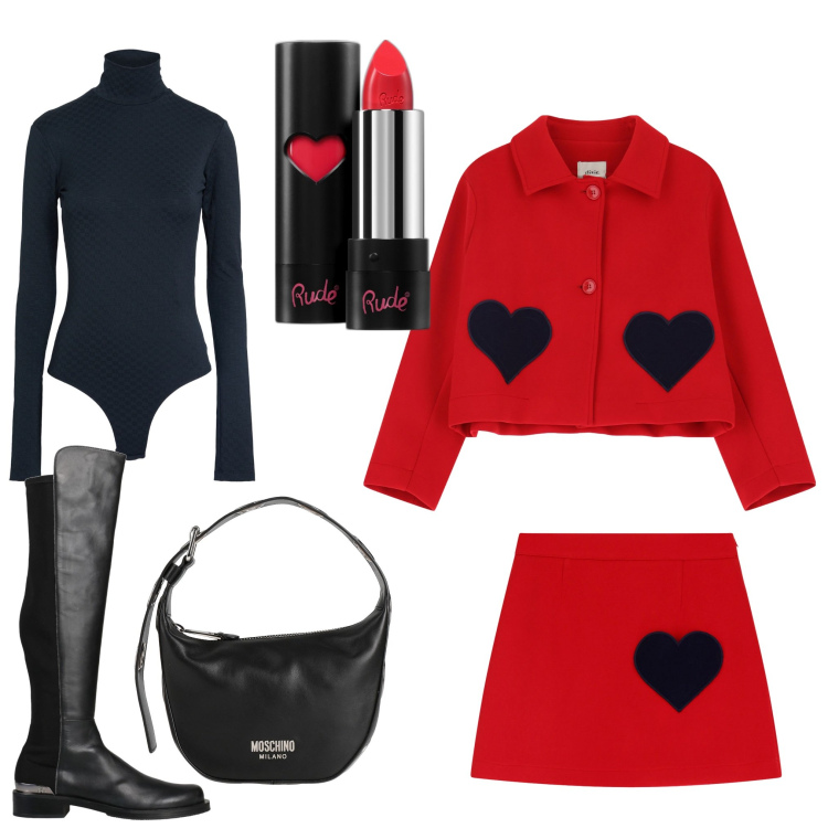 Outfit donna - Regina di cuori. Stile Casual chic per Serata fuori. Abbinamento con borse a mano, stivali, body, rossetti, minigonne, blazer.