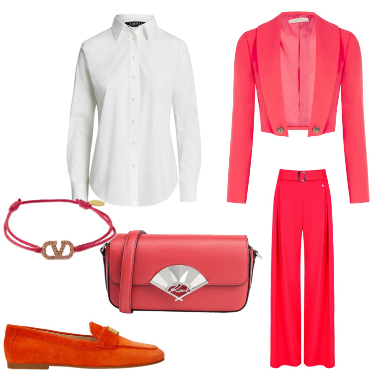 Outfit donna - Rosso bon ton. Stile Bon Ton per Serata fuori. Abbinamento con borse a tracolla, pantaloni, bolero, camicie, mocassini, braccialetti.