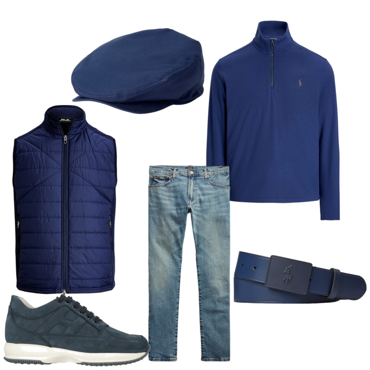 Outfit uomo - Dandy in blu. Stile Casual per Serata speciale. Abbinamento con sneakers, cappelli, jeans, cinture, pullovers, piumini.