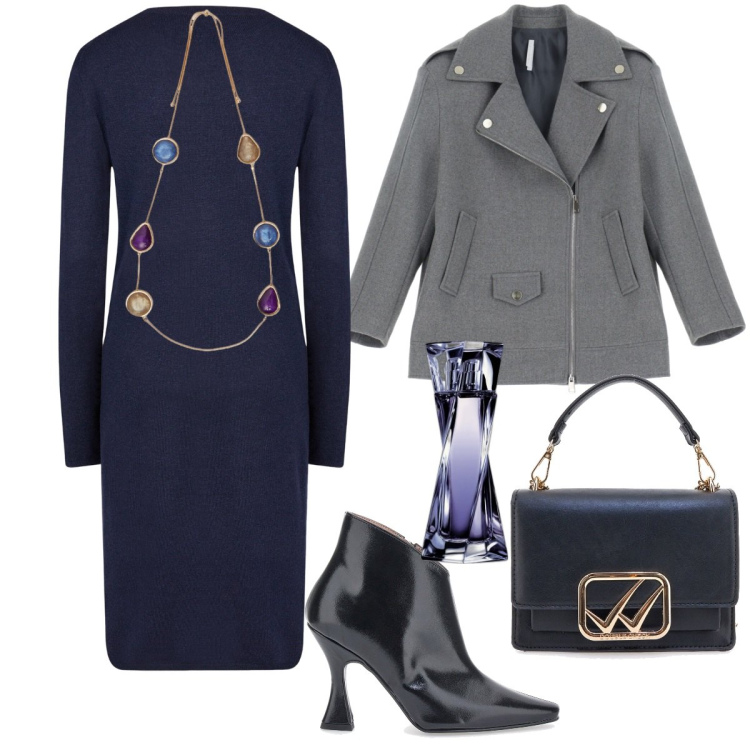 Outfit donna - L\'abito passpartout. Stile Casual chic per Serata fuori. Abbinamento con profumi, blazer, vestiti midi/longuette, borse a tracolla, collane, stivaletti.