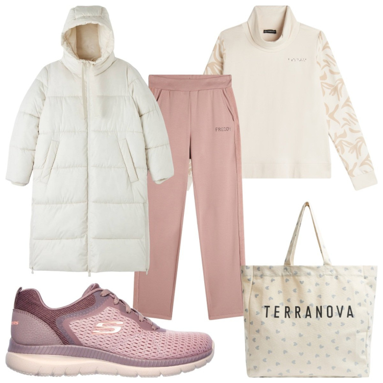 Outfit donna - Total look #2058020. Stile Trendy per Tutti i giorni. Abbinamento con piumini, shopping bag, pantaloni, felpe, sneakers.