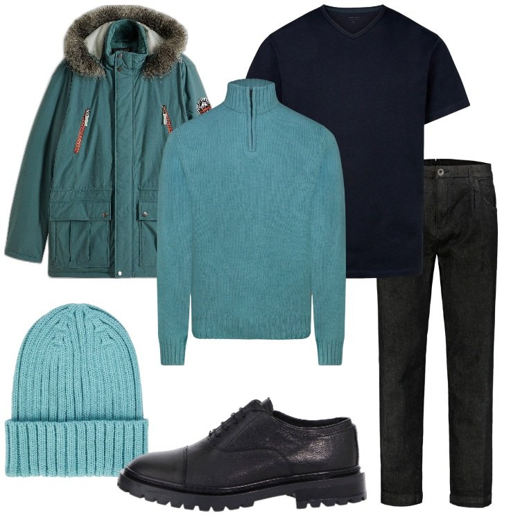Outfit uomo - Smeraldo e nero. Stile Casual per Ufficio. Abbinamento con parka, scarpe stringate, berretti, maglieria, jeans, t-shirt.